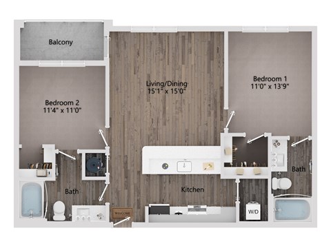 Floor plan for 2 beds, 2 baths, 967 sqft